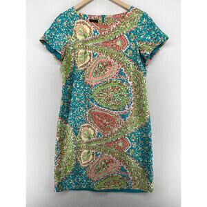TALBOTS Dress 6 Seaside Paisley Silk Shift Square Neck Lined Zip Back Blue